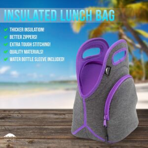 Nordic By Nature Large Neoprene Lunch Bag for Women & Lunch tote for Kids Insulated Lunch bag Reusable Washable Extra Thick Neoprene & Soft Cotton Feel, Premium Stitching, Outside Pocket, (L) Purple