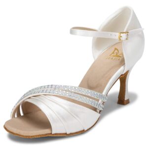 jiajia 20524 women's satin sandals 2.7" flared heel latin salsa performance dance shoes ivory,size 6.5 b(m) us/37 eu