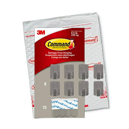 Command Small Stainless Steel Metal Hooks 8 Hooks, 10 Command Strips, Holds up to 0.5 lb, Removable Self Adhesive Hooks, Great for Wall Décor