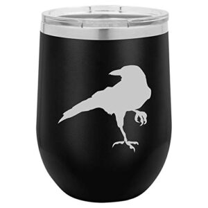 12 oz double wall vacuum insulated stainless steel stemless wine tumbler glass coffee travel mug with lid crow raven blackbird (black)