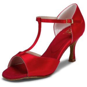 jiajia 20511 women's satin sandals flared heel latin salsa performance dance shoes color red,size 9 b(m) us/40 eu