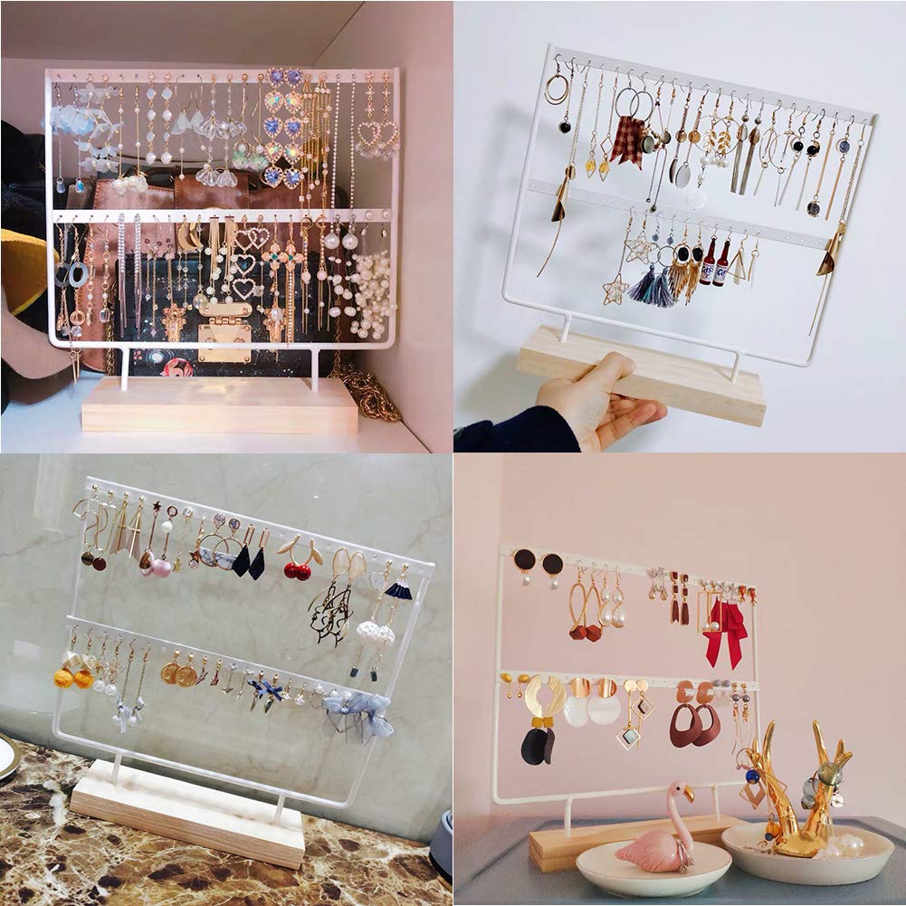 lemonadeus Earrings Organizer Jewelry Display Wood Stand (44 Holes 2 Layers) (White)