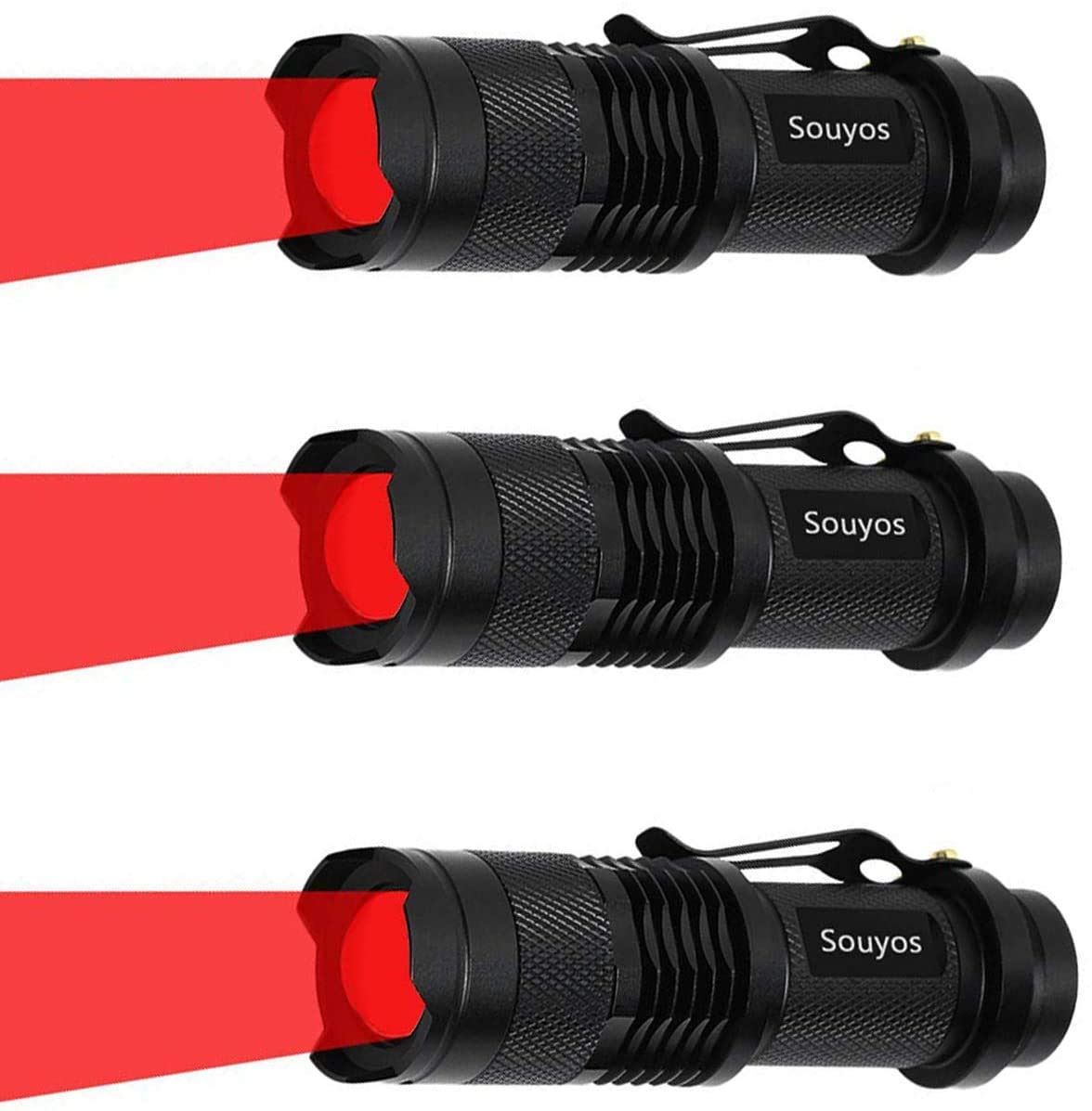 3 Pack Red Light Flashlight,3 Modes Red Led Flashlight,Zoomable Long Range Red Hunting Light Red Flashlight Torch with Clip for Hunting,Detector,Night Observation, Night Detecting-Black House