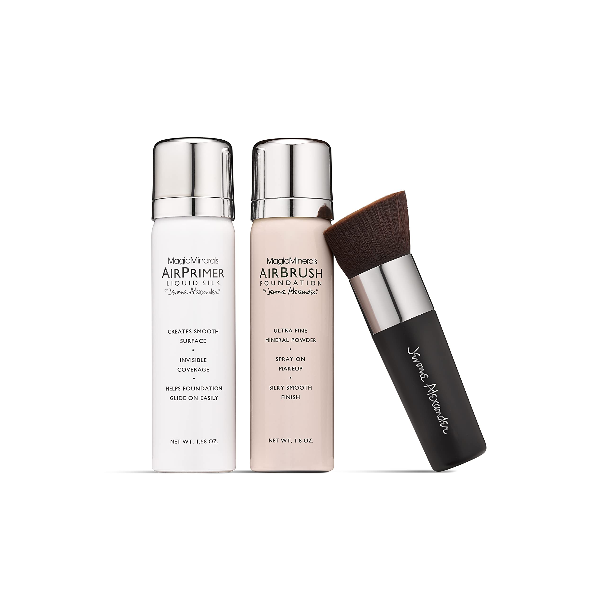 MagicMinerals AirBrush Foundation Set by Jerome Alexander (LIGHT MEDIUM) – 3pc Set Includes Primer, Foundation and Kabuki Brush - Spray Makeup with Anti-aging Ingredients for Smooth Radiant Skin