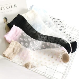 Cityelf 5 Pairs Ultra Thin Summer Socks Women Transparent Lace Elastic Silk Stockings Sheer Short Anklets (ONE SIZE FITS ALL, polka dot)