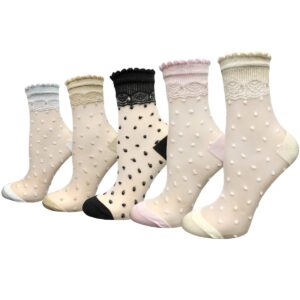 Cityelf 5 Pairs Ultra Thin Summer Socks Women Transparent Lace Elastic Silk Stockings Sheer Short Anklets (ONE SIZE FITS ALL, polka dot)