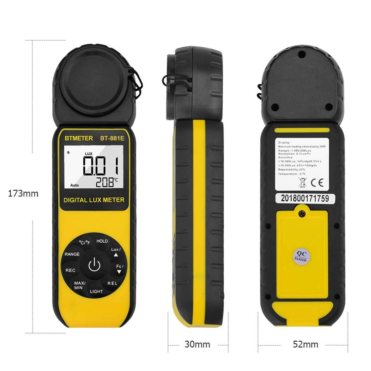 BTMETER BT-881E Digital Illuminance/Light Meter, Measure Lights 0.01~300,000 Lux (0.01~30,000 FC) Foot Candles, Par Meter Luxmeter for Plants Aquarium Light Tester