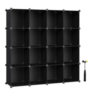 songmics cube storage organizer, set of 16 plastic cubes, book shelf, closet organizers and storage, room organization, bedroom living room, 12.2 x 48.4 x 48.4 inches, black ulpc44bk