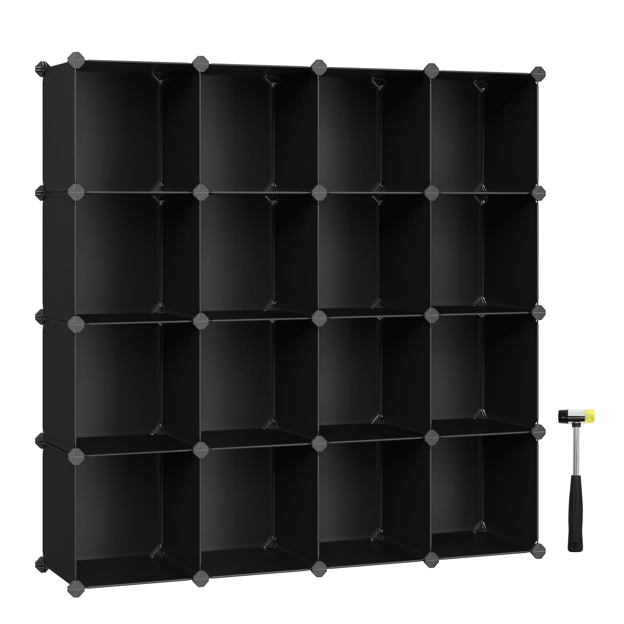 SONGMICS Cube Storage Organizer, Set of 16 Plastic Cubes, Book Shelf, Closet Organizers and Storage, Room Organization, Bedroom Living Room, 12.2 x 48.4 x 48.4 Inches, Black ULPC44BK