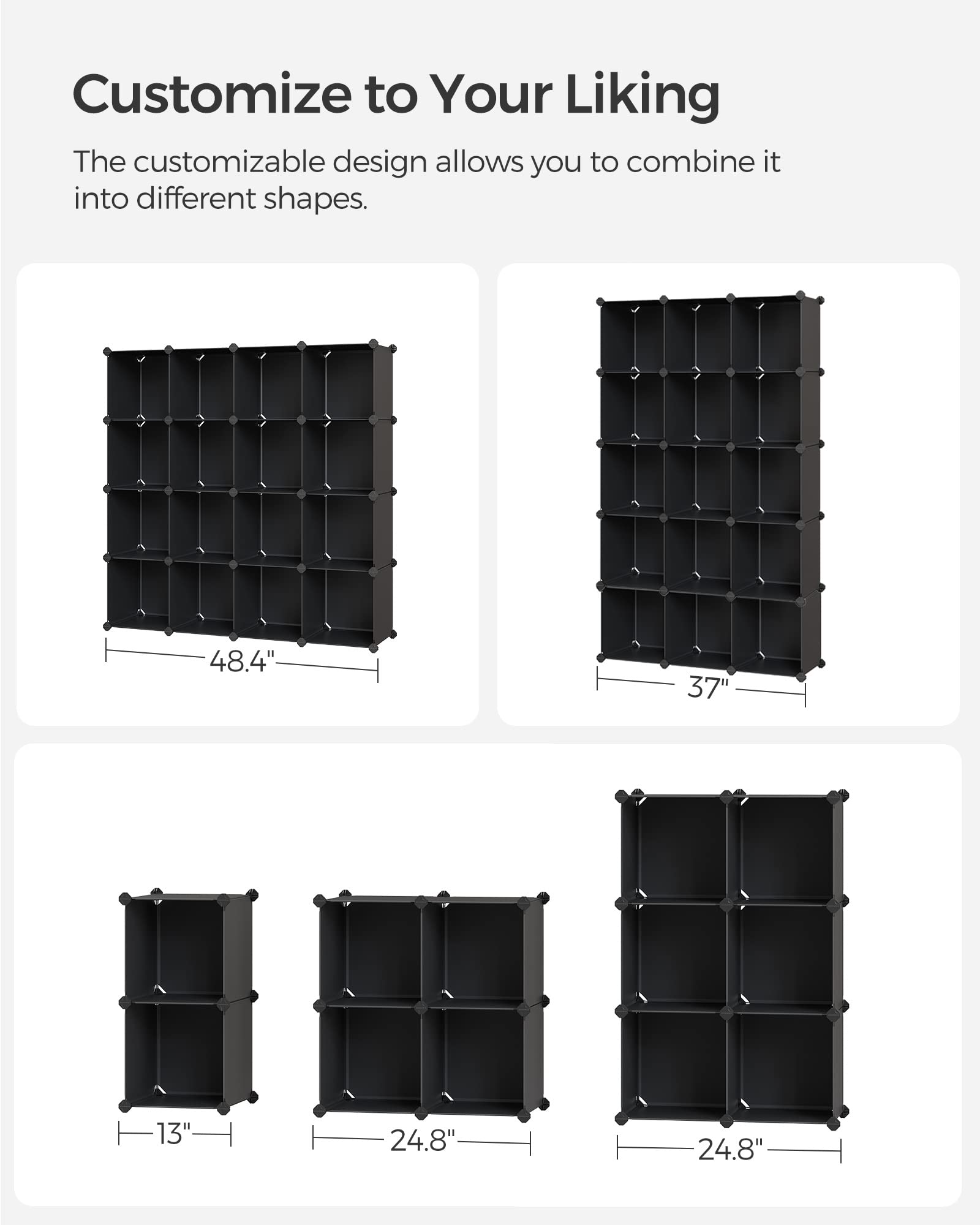 SONGMICS Cube Storage Organizer, Set of 16 Plastic Cubes, Book Shelf, Closet Organizers and Storage, Room Organization, Bedroom Living Room, 12.2 x 48.4 x 48.4 Inches, Black ULPC44BK