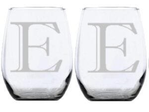 2pk stemless wine glasses, monogrammed stemware, personalized, etched glasses, letter e