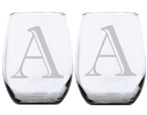 2pk stemless wine glasses, monogrammed stemware, personalized, etched glasses, letter a