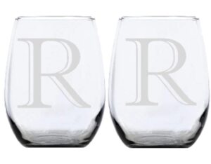 2pk stemless wine glasses, monogrammed stemware, personalized, etched glasses, letter r