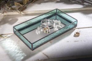 turquoise blue glass tray mirrored bottom decorative bathroom vanity cosmetic makeup organizer jewelry display perfume holder dresser home décor candle tray gift for woman j devlin tra 126