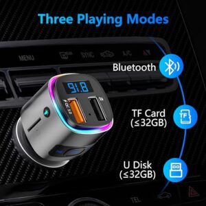 Bluetooth FM Transmitter for Car, SONRU Car Radio Bluetooth Adapter Music Player Kit, Support QC3.0 USB Charging, Handsfree Call, Siri Google Assistant, SD Card/U Disk, 7 Color Lights/LED Voltmeter