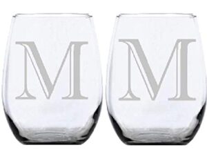 2pk stemless wine glasses, monogrammed stemware, personalized, etched glasses, letter m