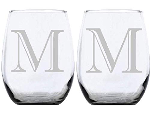 2pk Stemless Wine Glasses, Monogrammed Stemware, Personalized, Etched Glasses, Letter M