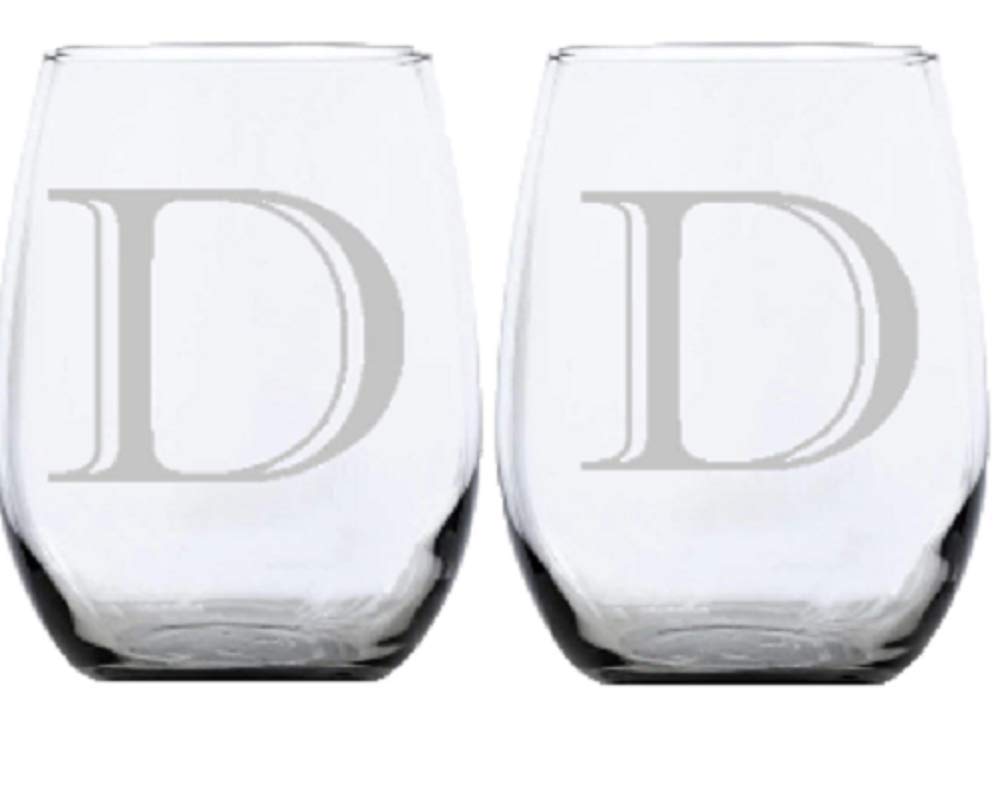 2pk Stemless Wine Glasses, Monogrammed Stemware, Personalized, Etched Glasses, Letter D