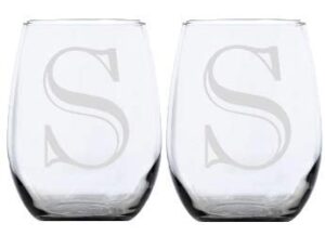2pk stemless wine glasses, monogrammed stemware, personalized, etched glasses, letter s