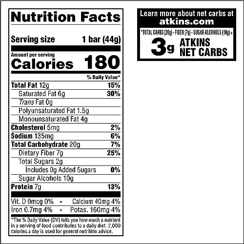 Atkins Caramel Chocolate Nut Roll Snack Bar, Protein Snack, High in Fiber, 2g Sugar, 30 Count