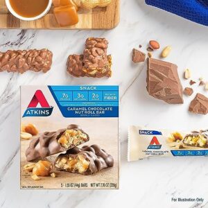 Atkins Caramel Chocolate Nut Roll Snack Bar, Protein Snack, High in Fiber, 2g Sugar, 30 Count