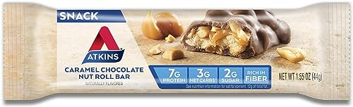 Atkins Caramel Chocolate Nut Roll Snack Bar, Protein Snack, High in Fiber, 2g Sugar, 30 Count