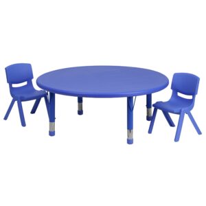 emma + oliver 45" round blue plastic adjustable activity table set-2 chairs