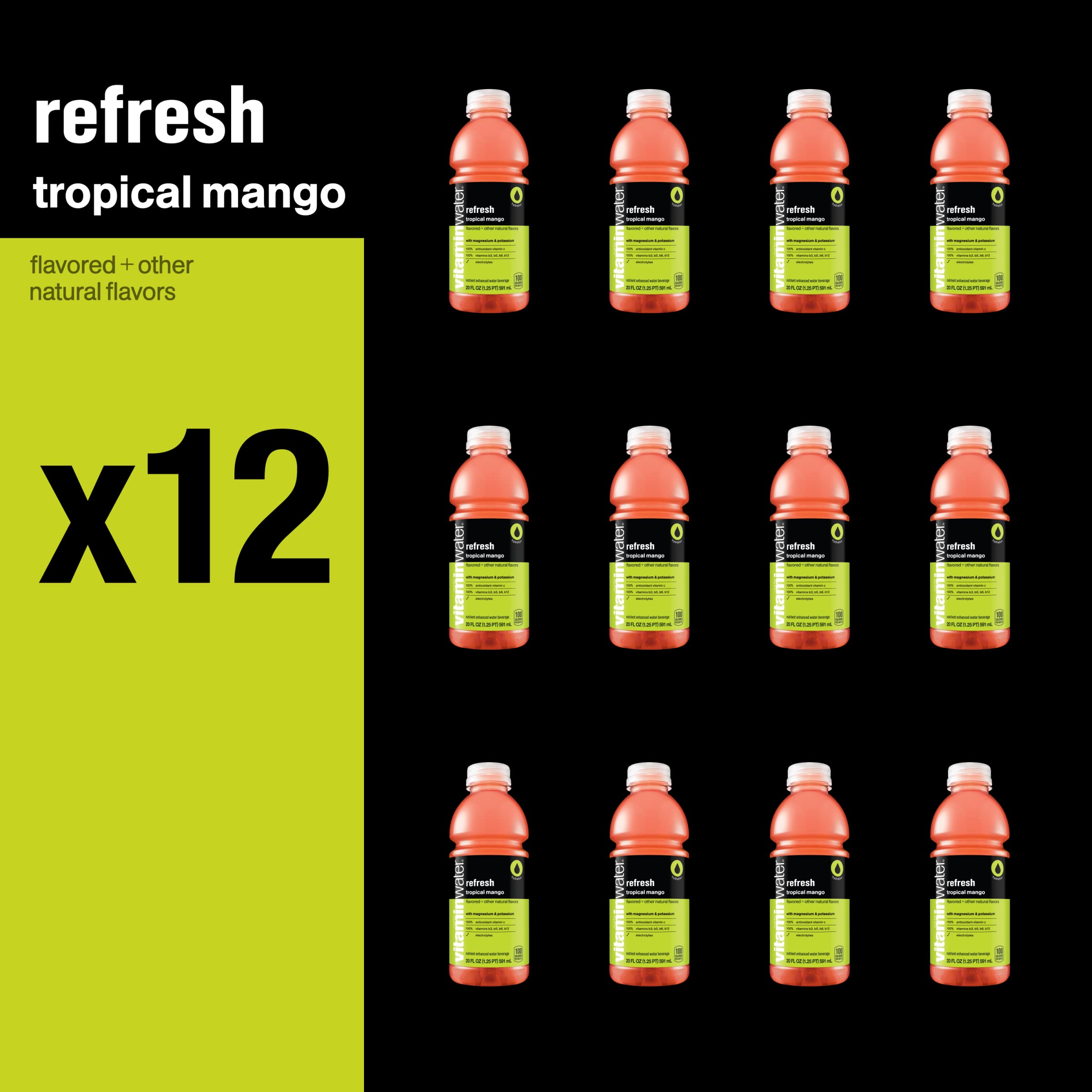 vitaminwater refresh electrolyte enhanced water w/ vitamins, tropical mango drinks, 20 fl oz, 12 Pack