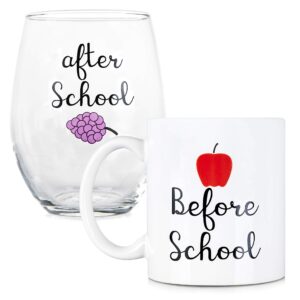 funny mugs, lol before school, after school coffee mug and stemless wine glass set - gift for teachers and professors - 11 oz coffee mug - 15 oz wine glass