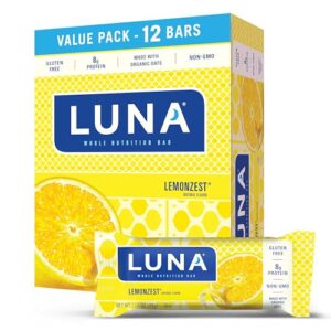 luna bar - lemonzest flavor - gluten-free - non-gmo - 7-9g protein - made with organic oats - low glycemic - whole nutrition snack bars - 1.69 oz. (12 pack)