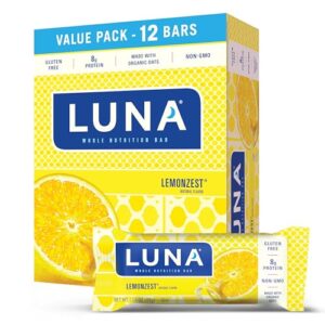 LUNA Bar - LemonZest Flavor - Gluten-Free - Non-GMO - 7-9g Protein - Made with Organic Oats - Low Glycemic - Whole Nutrition Snack Bars - 1.69 oz. (12 Pack)