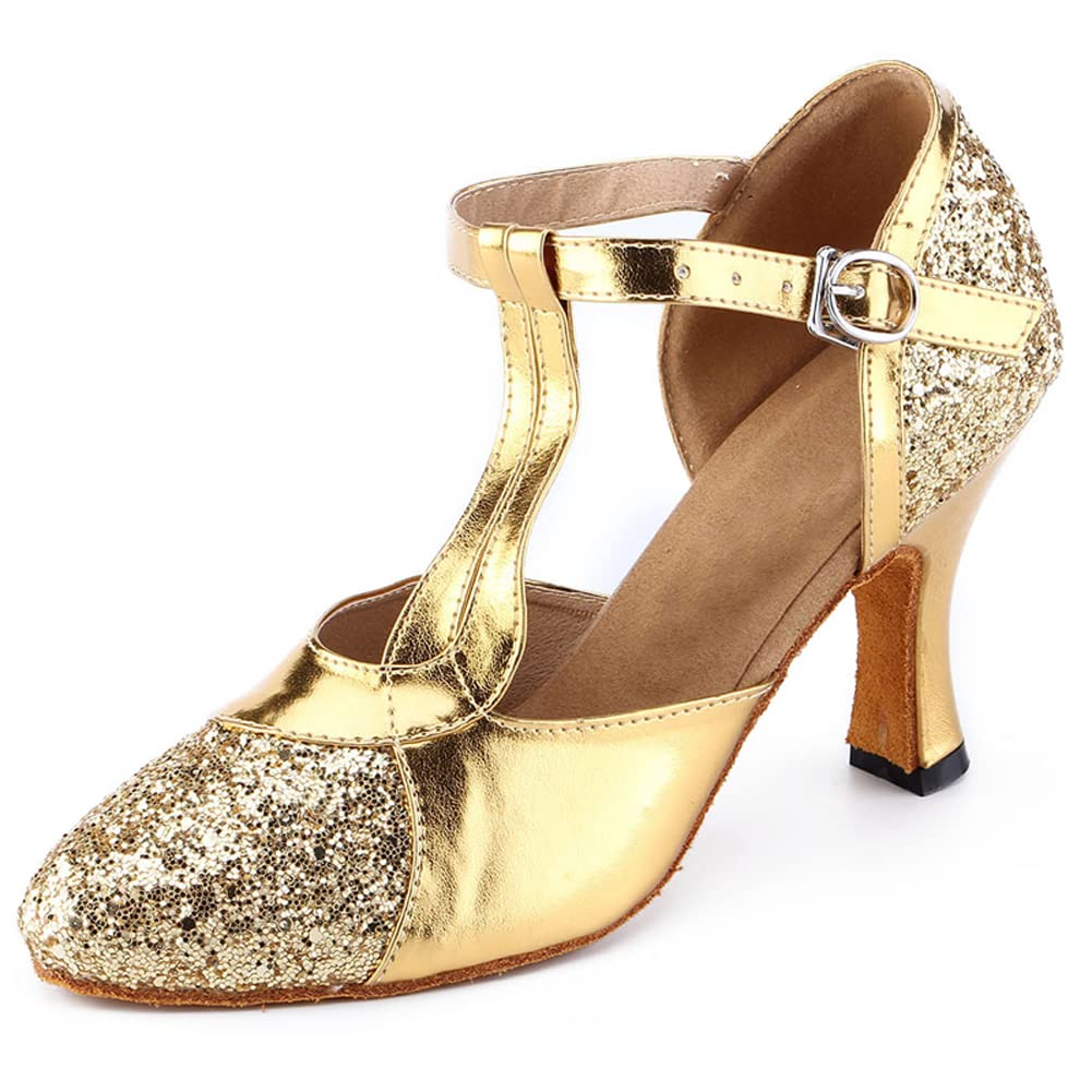 Honeystore Women's Glitter Sequin Mary Jane Latin Ballroom Dance Shoes 1920s Prom Salsa Performance Gold 9.5 B(M) US