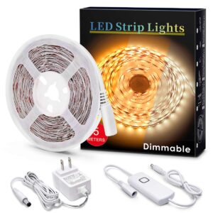 myplus under cabinet led lighting, 16.4ft led strip lights kit with dimmer control for kitchen, cabinet, shelf, counter, bedroom and décor, warm white 3000k, 1050lm
