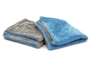 [dreadnought jr.] microfiber car-drying towel, superior absorbency for drying cars, trucks, and suvs, double-twist pile, one-pass vehicle-drying towel (16"x16", blue/gray) 2-pack