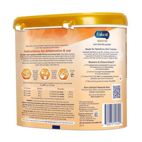 Enfamil NeuroPro Sensitive Baby Formula, Brain and Immune Support with DHA, Iron & Prebiotics, Lactose Sensitivity Infant Formula Inspired by Breast Milk, Non-GMO, Powder Tub, 19.5 Oz, Pack of 4