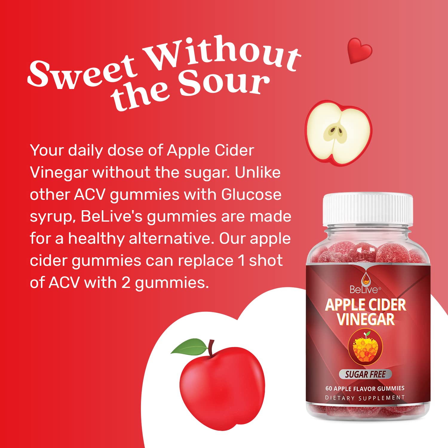 BeLive Apple Cider Vinegar Gummies - ACV Gummies Without Sugar I Detox & Cleanse Digestive Health I Alternative to Capsules, Vegan, Keto Friendly, Non-GMO, Gluten Free | 60 Ct