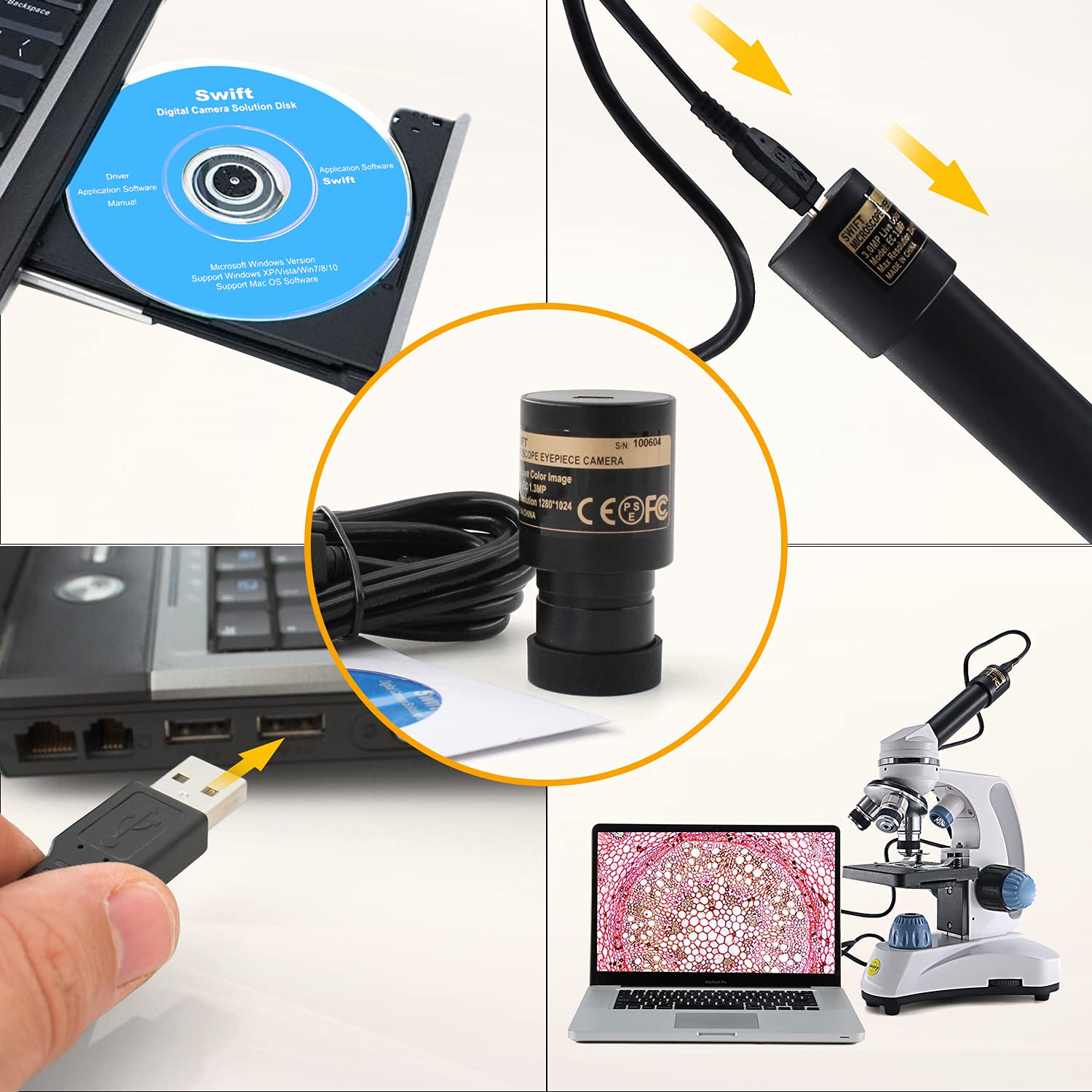 Swift 1.3 Megapixel Digital Camera for Microscopes, Eyepiece Mount, USB 2.0 Connection, Color Photography and Video, Windows and Mac Compatible