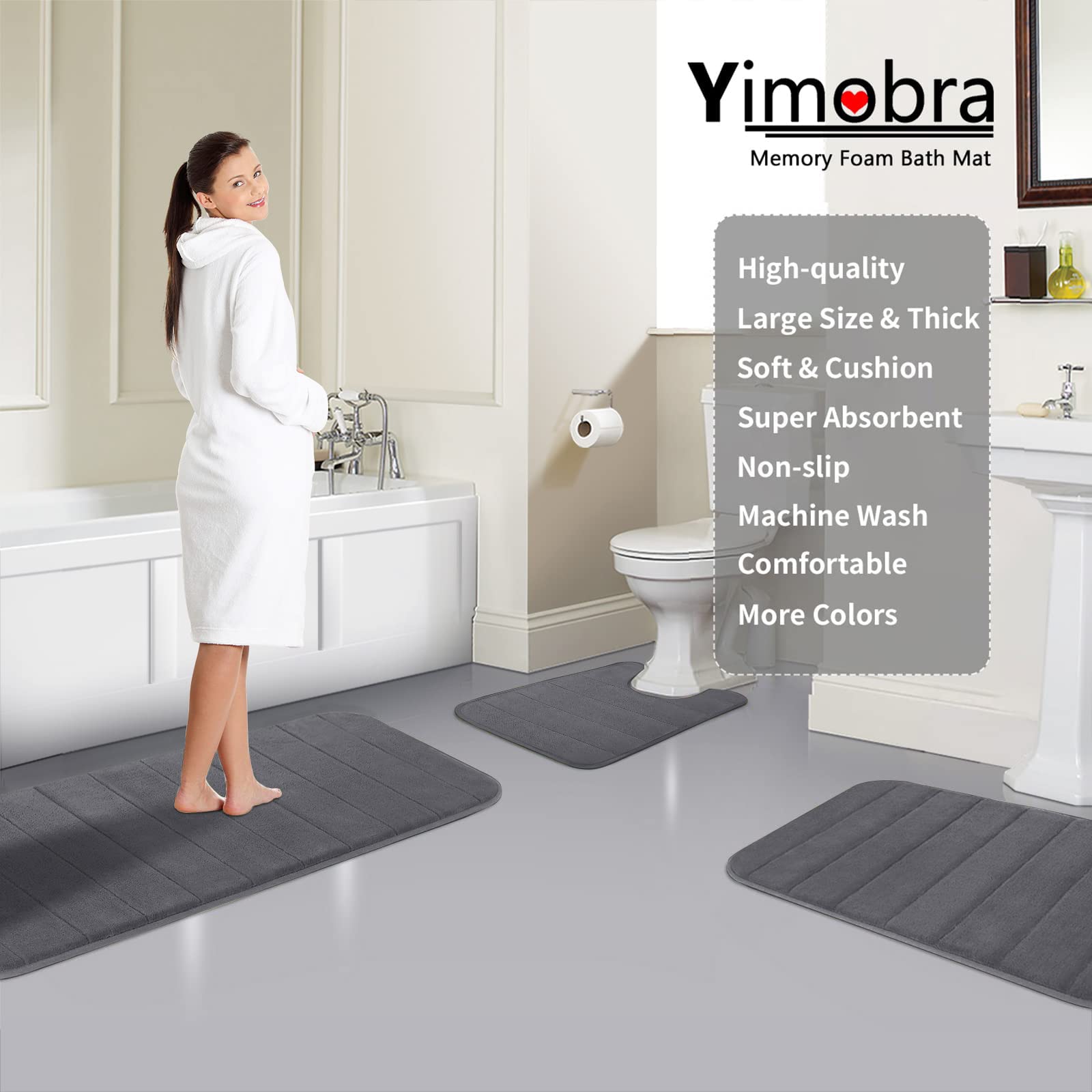 Yimobra Memory Foam Bath Mat Large Size, 31.5 x 19.8 Inches,Soft and Comfortable, Super Water Absorption, Non-Slip, Thick, Machine Wash, Easier to Dry for Bathroom Floor Rug, Dark Gray