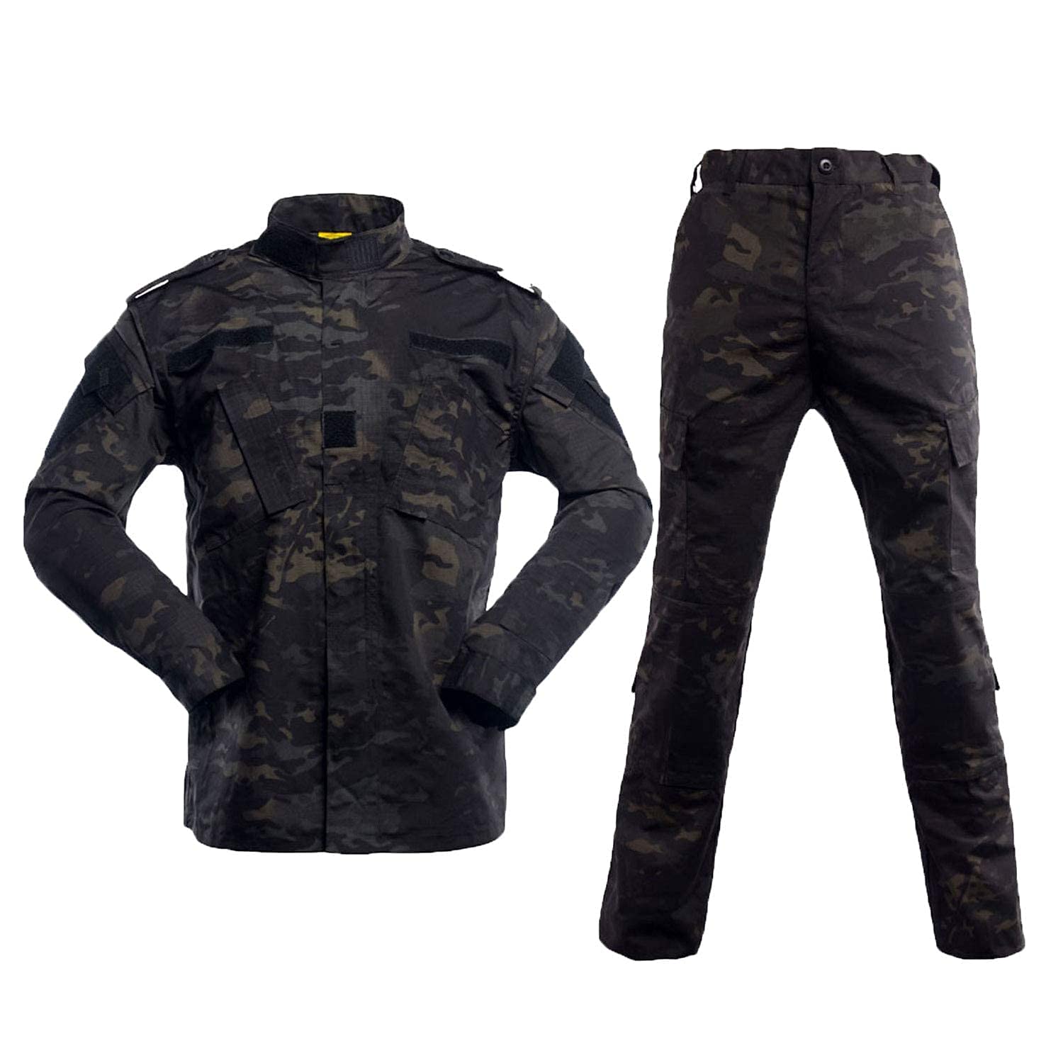 LANBAOSI Men's Tactical Jacket and Pants Military Camo Hunting ACU Uniform 2PC Set Army Multicam Apparel Suit (Medium Slim, Black CP)