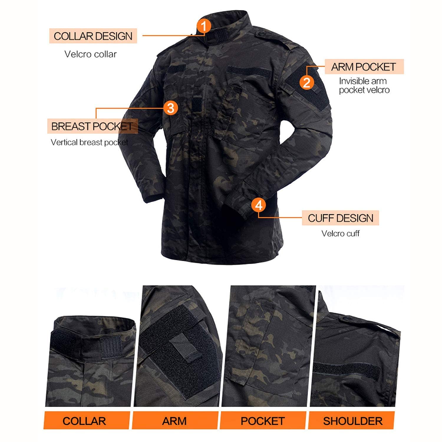 LANBAOSI Men's Tactical Jacket and Pants Military Camo Hunting ACU Uniform 2PC Set Army Multicam Apparel Suit (Medium Slim, Black CP)