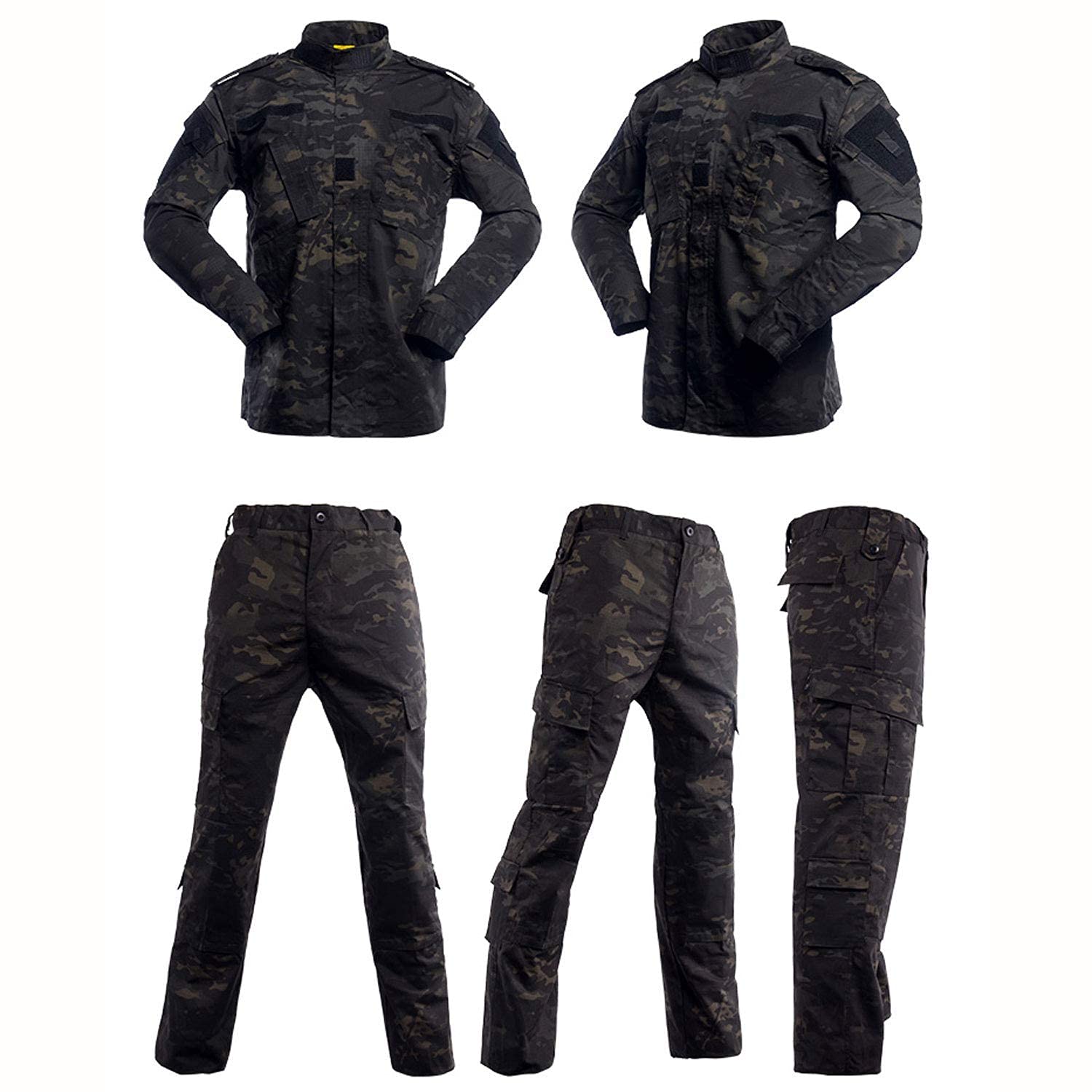 LANBAOSI Men's Tactical Jacket and Pants Military Camo Hunting ACU Uniform 2PC Set Army Multicam Apparel Suit (Medium Slim, Black CP)