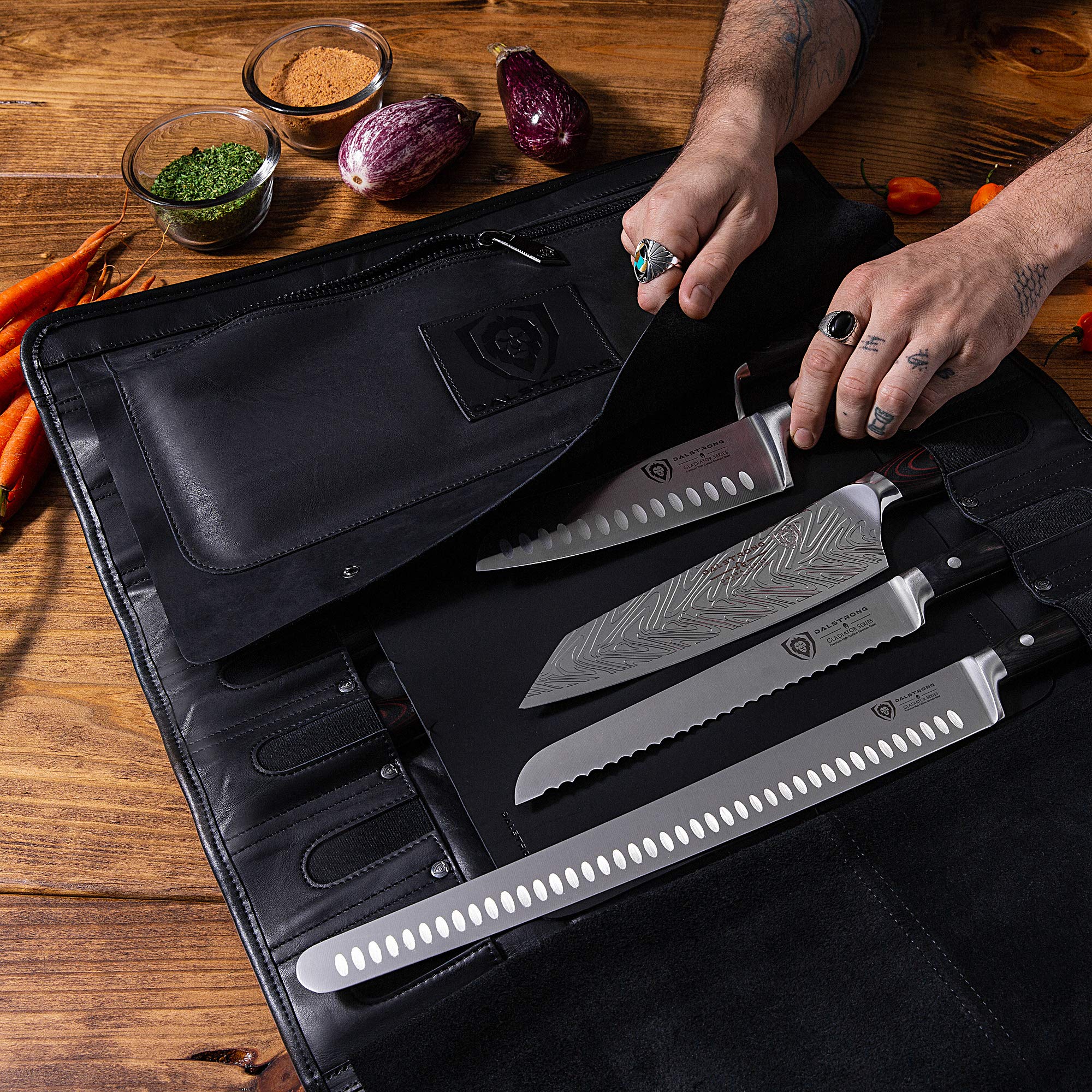 Dalstrong Vagabond Knife Roll - Full & Top Grain Brazilian Leather Roll Bag - 16 Slots - Midnight Black - Interior and Rear Zippered Pockets - Blade Travel Storage/Case - Large - Up to 20" Knives