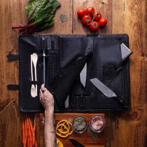 Dalstrong Vagabond Knife Roll - Full & Top Grain Brazilian Leather Roll Bag - 16 Slots - Midnight Black - Interior and Rear Zippered Pockets - Blade Travel Storage/Case - Large - Up to 20" Knives