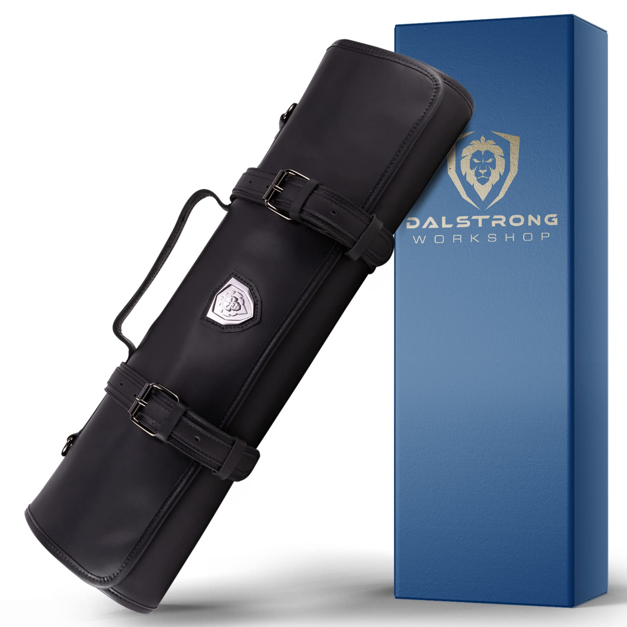 Dalstrong Vagabond Knife Roll - Full & Top Grain Brazilian Leather Roll Bag - 16 Slots - Midnight Black - Interior and Rear Zippered Pockets - Blade Travel Storage/Case - Large - Up to 20" Knives