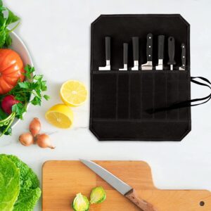 QCWN Waxed Canvas Chef Knife Roll Bag Heavy Duty Knife Roll Case Storage Knife Cutlery Carrier Kitchen Roll Tool Bag Case with 6 Slots Wrapping Strap Best Gift For Cooking Chefs(Black)