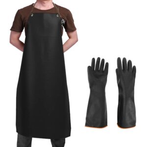 Heavy Duty PU Apron & Latex Gloves, DaKuan Waterproof Resist Strong Acid, Alkali and Oil Apron & Gloves Best for Staying Dry When Dishwashing, Lab Work, Butcher