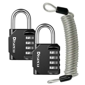 disecu 4 digit combination lock outdoor waterproof padlock with steel cable for gym locker, helmet, gate, fence, luggage (black, pack of 2 padlocks)