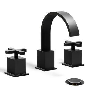 phiestina matte black waterfall bathroom faucet, 3 hole widespread 8 inch bathroom faucet, with rotatable 360 degree swivel spout, pop up drain and water supply lines, wf001-10-mb