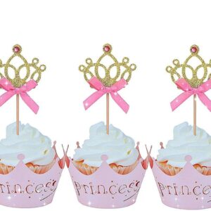 JeVenis 40 PCS Glittery Princess Cupcake Toppers Crown Cupcake Wrapper Crown Cupcake Toppers Baby Shower Cupcake Decorations for Birthday Baby Shower Party Decorations Supplies