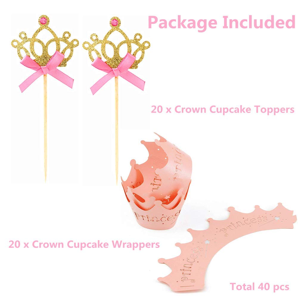 JeVenis 40 PCS Glittery Princess Cupcake Toppers Crown Cupcake Wrapper Crown Cupcake Toppers Baby Shower Cupcake Decorations for Birthday Baby Shower Party Decorations Supplies